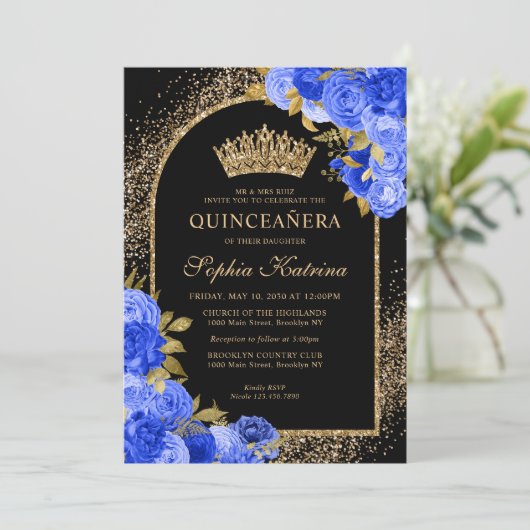 Black Royal Blue Glitter Floral Quinceanera Kaart (Staand voorkant)