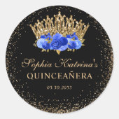 Black Royal Blue Glitter Floral Quinceanera Ronde Sticker (Voorkant)