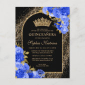 Black Royal Blue Glitter Floral Quinceanera Uitnodiging Briefkaart (Voorkant)