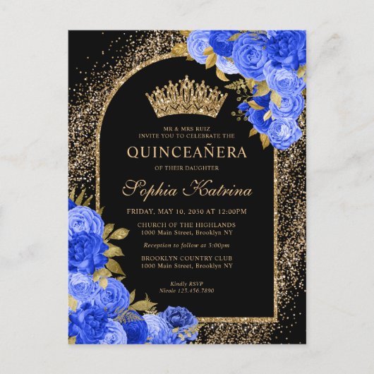 Black Royal Blue Glitter Floral Quinceanera Uitnodiging Briefkaart (Voorkant)
