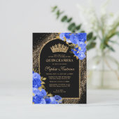 Black Royal Blue Glitter Floral Quinceanera Uitnodiging Briefkaart (Staand voorkant)
