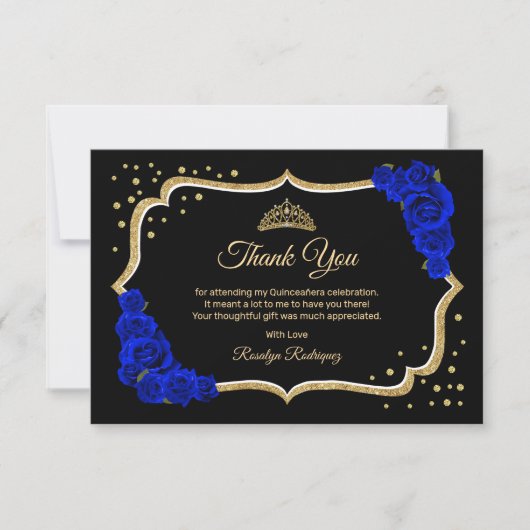 Black Royal Blue Gold Quinceanera Bedankkaart (Voorkant)