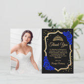 Black Royal Blue Gold Quinceanera Photo Bedankkaart (Staand voorkant)