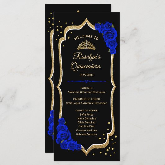 Black Royal Blue Gold Quinceanera Programmakaart (Voorkant / Achterkant)