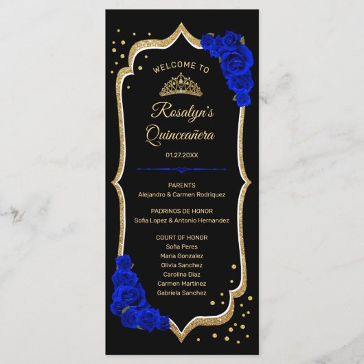 Black Royal Blue Gold Quinceanera Programmakaart (Voorkant)
