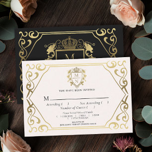 Black Royal Fantasy Monogram Huwelijk RSVP Informatiekaartje