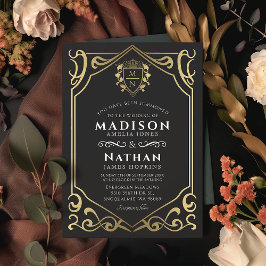 Black Royal Medieval Fantasy Monogram Huwelijk Kaart