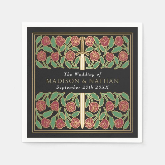 Black Royal Medieval Gold Floral Sword Wedding Servet (Voorkant)