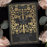 Black Royal Medieval Gold Sword Wedding Invitation Kaart<br><div class="desc">Zet de toon voor uw middeleeuwse fantasie bruiloft met een gedurfde uitnodiging ontwerp-een groot gouden zwaard omgeven door bloemen tegen een zwarte achtergrond. Perfect voor koppels die dromen van een episch, romantisch feest. Maak je liefdesverhaal vanaf het eerste gezicht legendarische! OPMERKING: het goud in dit ontwerp is GEEN echte folie....</div>