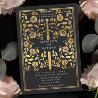 Black Royal Medieval Gold Sword Wedding Invitation