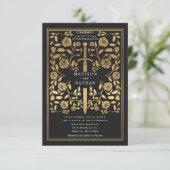 Black Royal Medieval Gold Sword Wedding Invitation Kaart (Staand voorkant)