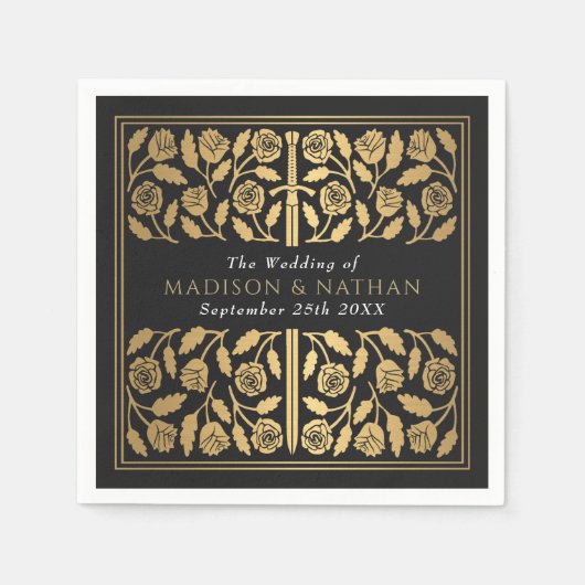 Black Royal Medieval Gold Sword Wedding Servet (Voorkant)