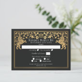 Black Royal Medieval Lion Wedding RSVP Kaartje (Staand voorkant)