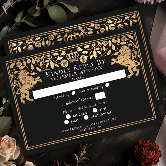 Black Royal Medieval Lion Wedding RSVP Kaartje
