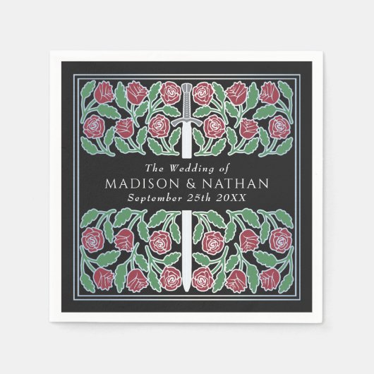 Black Royal Medieval Silver Floral Sword Wedding Servet (Voorkant)