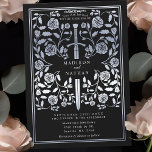 Black Royal Medieval Silver Sword Wedding Kaart<br><div class="desc">Stap in een verhaal van romance en legende! Deze middeleeuwse fantasie bruiloft uitnodigingen zijn voorzien van een vorstelijk zwaard verstrengeld met zilveren bloemen op een zwarte achtergrond. Ze zijn perfect voor koppels die op zoek zijn naar een betoverende en tijdloze touch voor hun speciale dag. Merk op dat het zilver...</div>