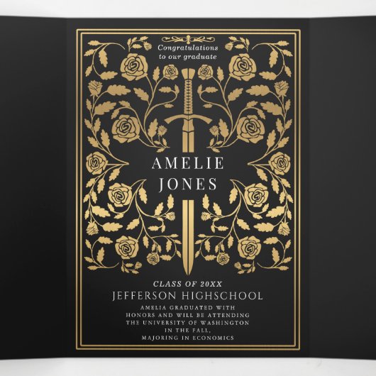 Black Royal Medieval Sword Photo Graduparty Drieluik Uitnodiging (Binnenkant midden)