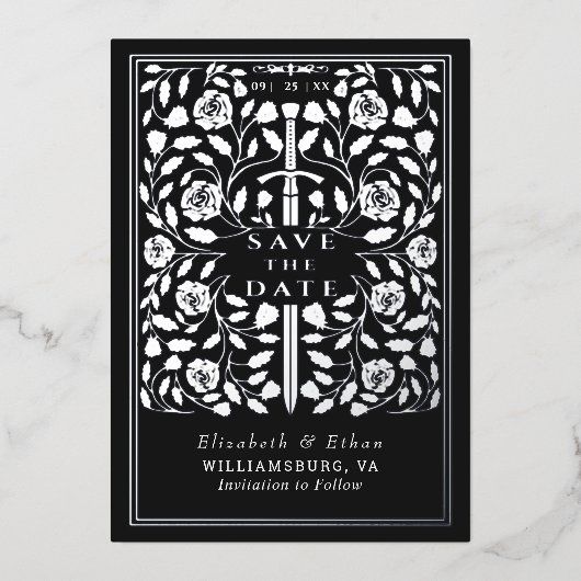 Black Royal Medieval Sword Wedding Bewaar de datum Folie Uitnodiging (Voorkant)