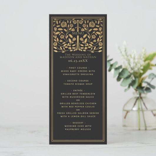 Black Royal Medieval Sword Wedding Flat Menu (Staand voorkant)