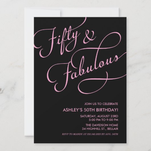 Black & Roze 50 en Fabulous Birthday Invitations Kaart (Voorkant)
