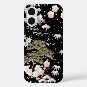 Black Roze Cherry Blossom Elegant Floral iPhone 16 Hoesje