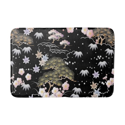 Black Roze Cherry Blossom Elegant Floral Pattern Badmat (Voorkant)