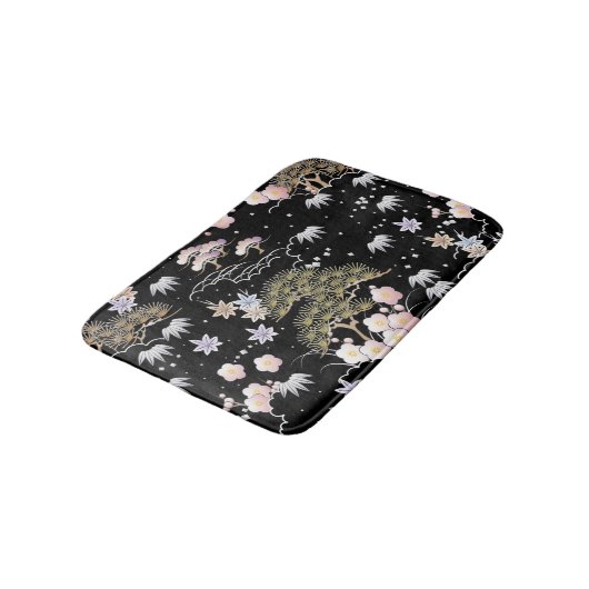 Black Roze Cherry Blossom Elegant Floral Pattern Badmat (Gekanteld)
