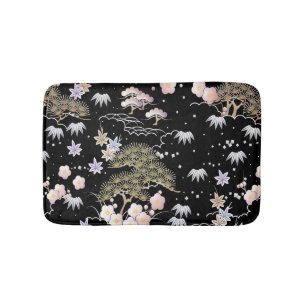 Black Roze Cherry Blossom Elegant Floral Pattern Badmat