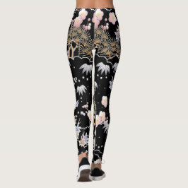 Black Roze Cherry Blossom Elegant Floral Pattern Leggings