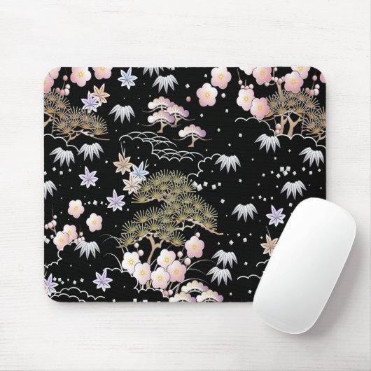 Black Roze Cherry Blossom Elegant Floral Pattern Muismat (Met muis)