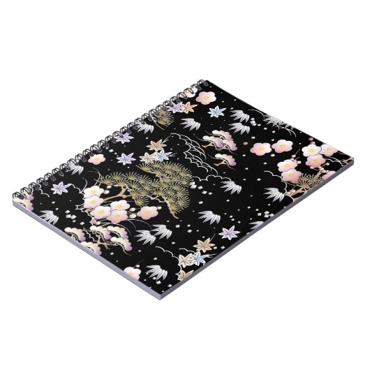 Black Roze Cherry Blossom Elegant Floral Pattern Notitieboek (Linkerzijde)