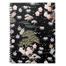 Black Roze Cherry Blossom Elegant Floral Pattern Notitieboek