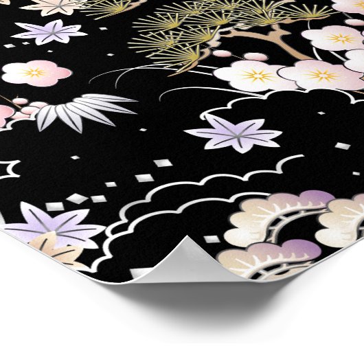 Black Roze Cherry Blossom Elegant Floral Pattern Poster (Hoek)