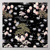 Black Roze Cherry Blossom Elegant Floral Pattern Poster (Voorkant)