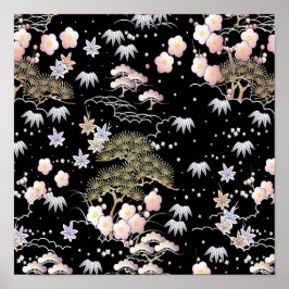 Black Roze Cherry Blossom Elegant Floral Pattern Poster