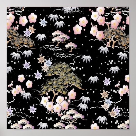 Black Roze Cherry Blossom Elegant Floral Pattern Poster (Voorkant)