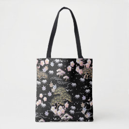 Black Roze Cherry Blossom Elegant Floral Pattern Tote Bag