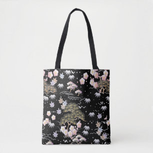 Black Roze Cherry Blossom Elegant Floral Pattern Tote Bag