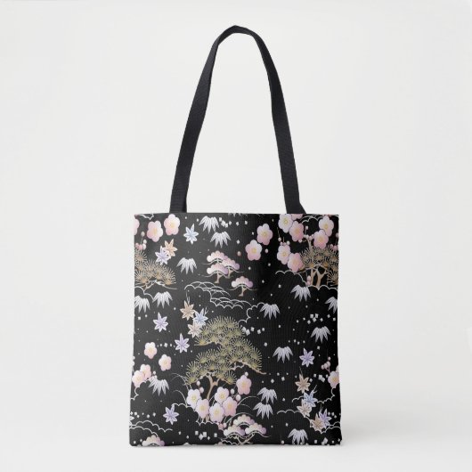 Black Roze Cherry Blossom Elegant Floral Pattern Tote Bag (Voorkant)