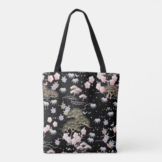 Black Roze Cherry Blossom Elegant Floral Pattern Tote Bag (Achterkant)