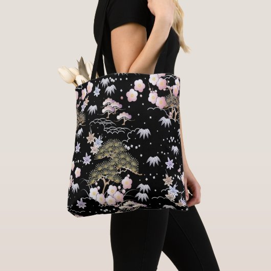 Black Roze Cherry Blossom Elegant Floral Pattern Tote Bag (Dichtbij)
