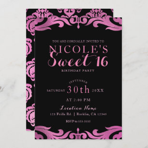 Black & Roze Damask Chic Elegant Sweet 16 Party Kaart