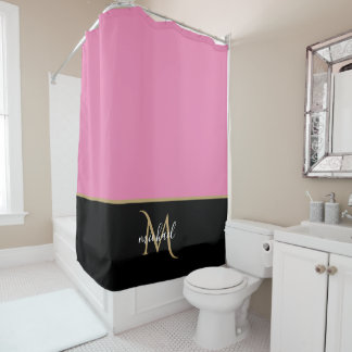 Black | Roze en gouden monogram Elegant Luxe Douchegordijn