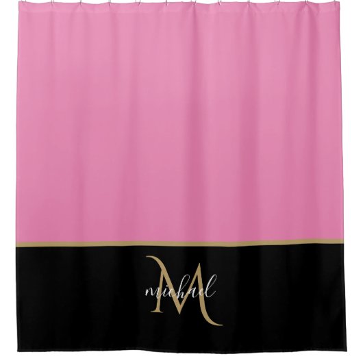 Black | Roze en gouden monogram Elegant Luxe Douchegordijn (Voorkant)