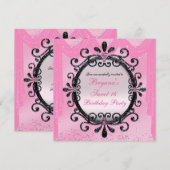 Black & Roze Fancy Lijst Sweet 16 Party Invitation Kaart (Voorkant / Achterkant)