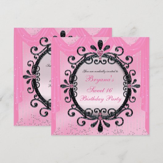 Black & Roze Fancy Lijst Sweet 16 Party Invitation Kaart (Voorkant / Achterkant)