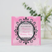 Black & Roze Fancy Lijst Sweet 16 Party Invitation Kaart (Staand voorkant)