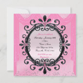 Black & Roze Fancy Lijst Sweet 16 Party Invitation Kaart (Achterkant)