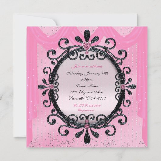 Black & Roze Fancy Lijst Sweet 16 Party Invitation Kaart (Achterkant)