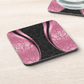 Black & Roze  Floral Damask Patroon Bier Onderzetter (Linkerzijde)